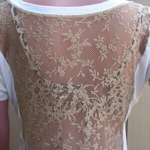 Sheer lace back 2 tone handkerchief hem, short sleeve tee, size Med